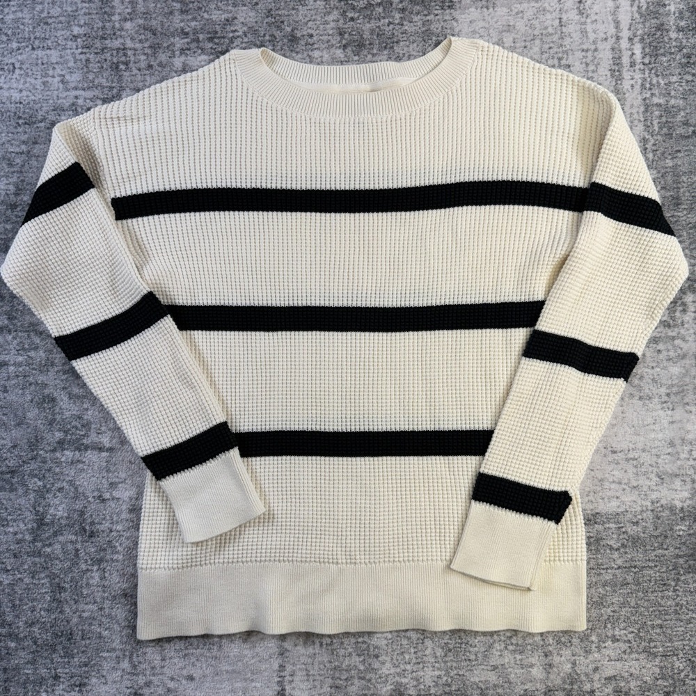 LL Bean Sweater Womens Small Petite Cream Navy Stripe Waffle Knit Crew Coastal